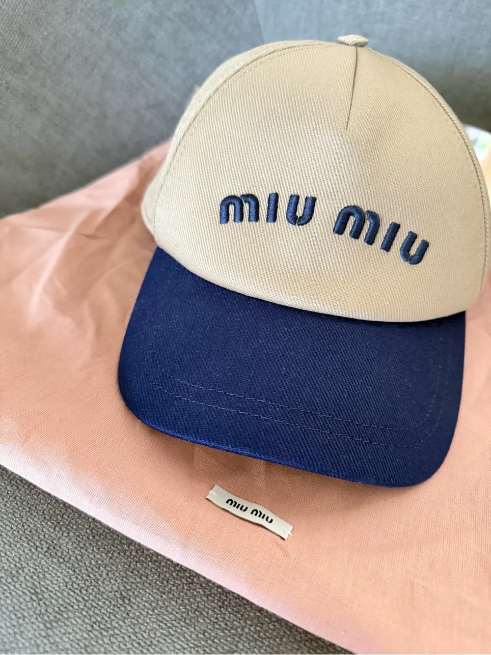 Miu Miu Beige and Navy Two-Tone Logo Baseball Cap